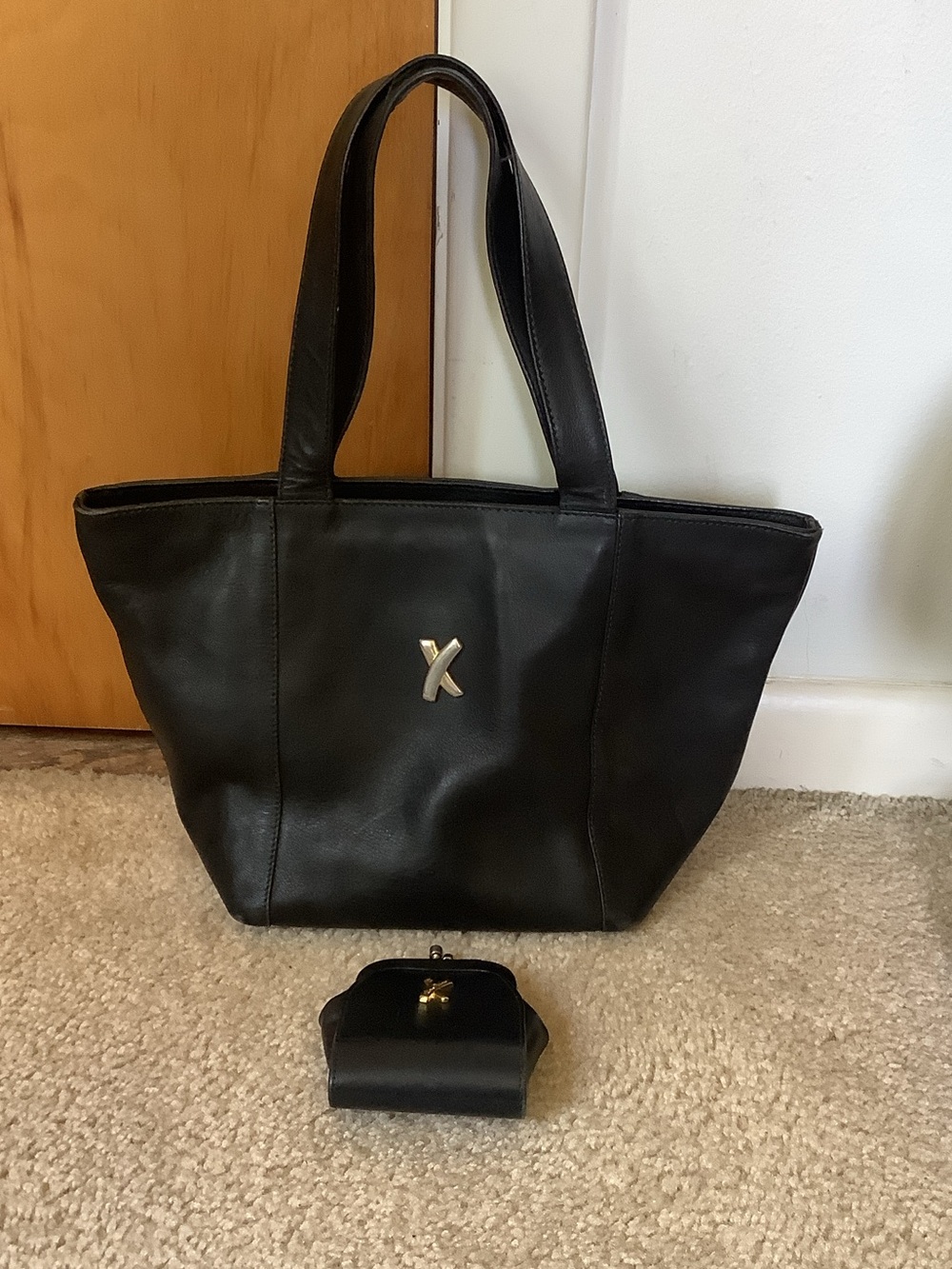 Paloma Picasso Black Leather Tote with Gold X Accent and Coin Purse